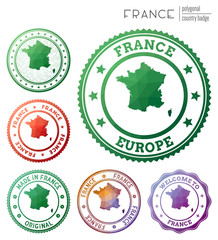 France badge. Colorful polygonal country symbol. Multicolored geometric France logos set. Vector illustration.