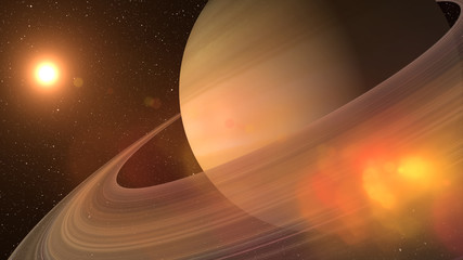 Giant gas planet Saturn and rings CG animation. Realistic 3D rendering of beautiful planet Saturn with rising sun. 