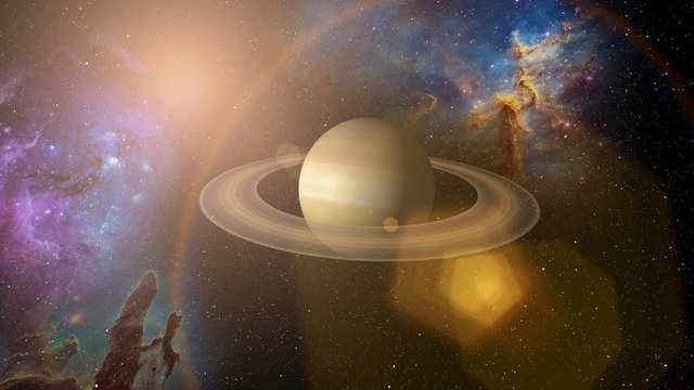 Giant gas planet Saturn and rings CG animation. Realistic 3D rendering of beautiful planet Saturn with rising sun. 