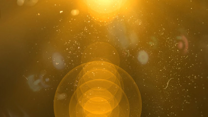 Isolated orange, yellow light rays animation. Shine or sun effect on black screen with bokeh. Dust,...