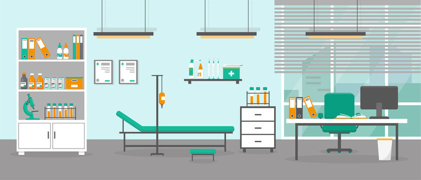 Doctor office interior. Medical cabinet or consultation room. Flat vector illustration.