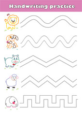 Handwriting practice sheet. Educational children game, printable worksheet for kids. 