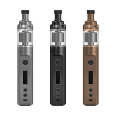 Realistic electronic cigarette concept. Box mod with a tank atomizer. 3 color options. 