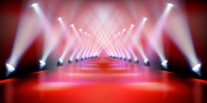 Stage podium illuminated by spotlights during the show. Red carpet. Fashion runway. Vector illustration.