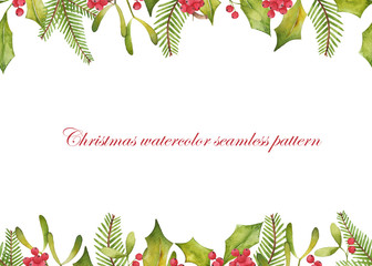 Christmas watercolor seamless background with berries and fir branches.
