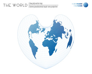 Abstract world map. Bonne pseudoconical equal-area projection of the world. Blue shades colored polygons. Amazing vector illustration.