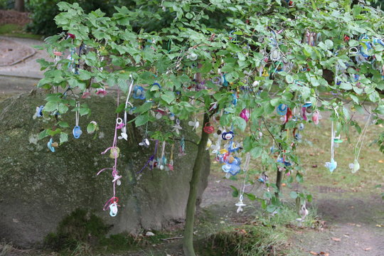 Schnullerbaum mit verlorenen Schnullern geschm&uuml;ckt
