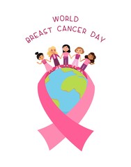 World breast cancer day flat poster vector template. Oncologically ill women support, solidarity campaign banner, brochure, flyer concept. Multinational girls group holding hands vector illustration