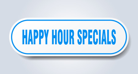 happy hour specials sign. happy hour specials rounded blue sticker. happy hour specials
