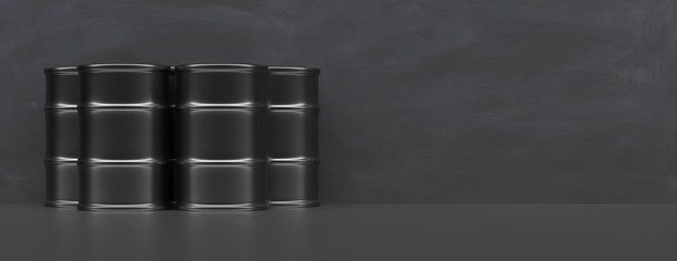 Fuel drums against black background, banner, copy space. 3d illustration