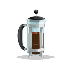 Cartoon style glass french press coffee pot. Home coffee maker. Drinkware vector illustration. Best for coffee shop and restaurant menu. Isolated on white background.