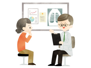 診察-シニア女性-医者-水彩