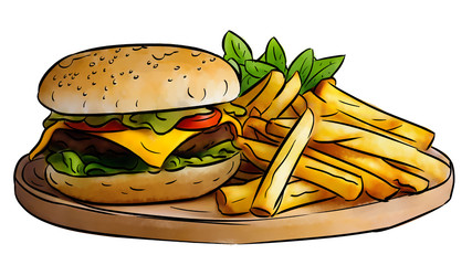 Classic hamburger with fries on white background. Illustration