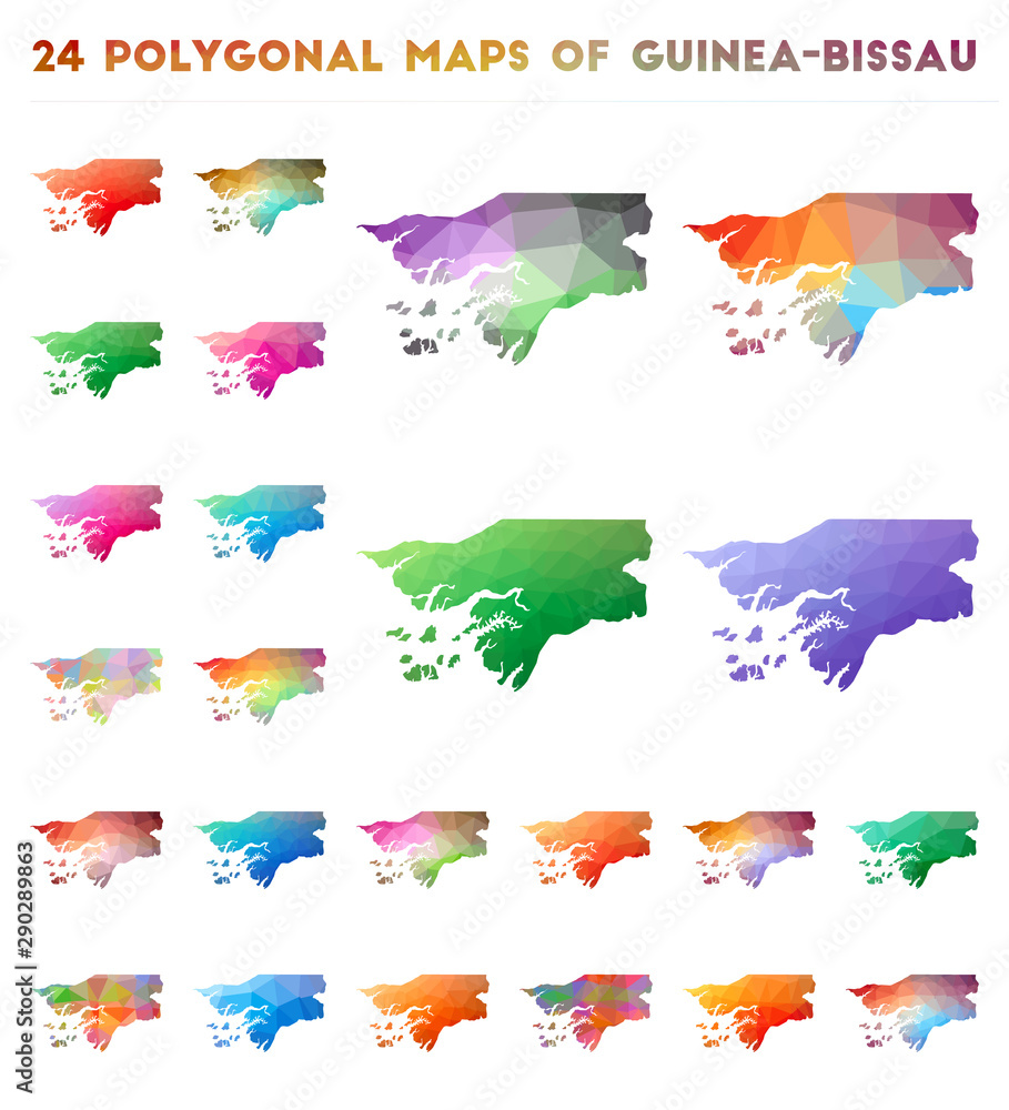 Poster Set of vector polygonal maps of Guinea-Bissau. Bright gradient map of country in low poly style. Multicolored Guinea-Bissau map in geometric style for your infographics.
