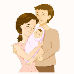 Cartoon happy family mother, father and daughter