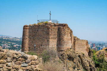 Ancient ruins of Narikala fortress on a high mountain in Tbilisi.