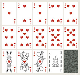 Vector baby poker playing cards with animals. Hearts suit. Original design deck. Vector illustration