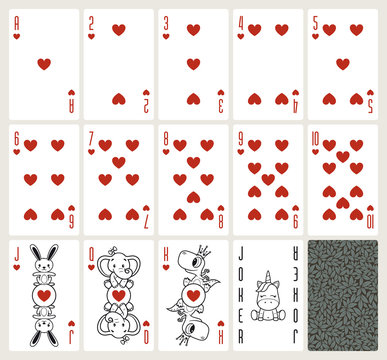 Vector baby poker playing cards with animals. Hearts suit. Original design deck. Vector illustration