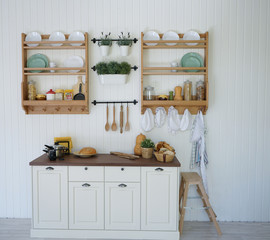 Fototapeta na wymiar Modern white cheap kitchen clean interior design