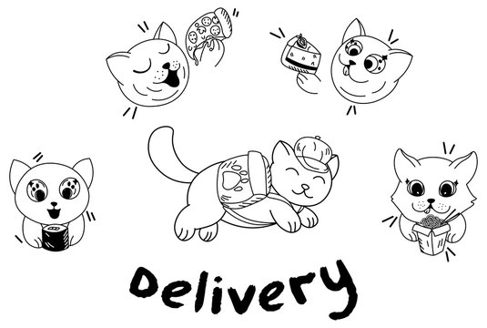 kawaii cartoon cat with backpack delivery fast food, sushi, pizza, cake, wok, food delivery, cute pets eat, editable vector illustration