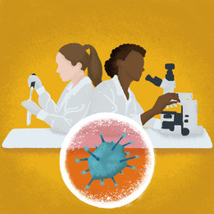 Molecular model of Coronavirus. Female researchers in medicine lab. Illustration.