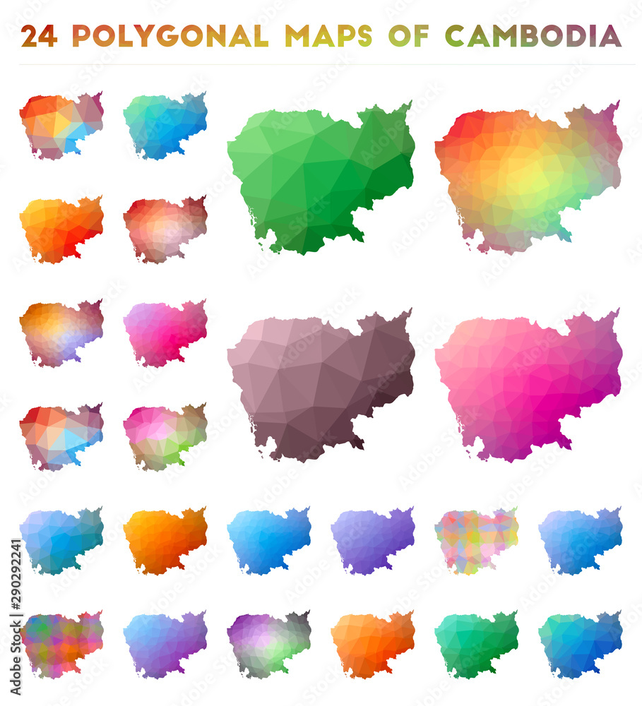 Poster set of vector polygonal maps of cambodia. bright gradient map of country in low poly style. multicol