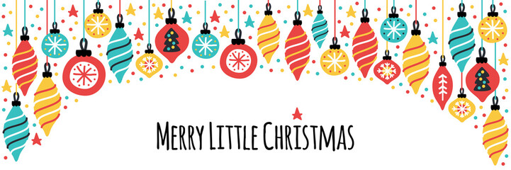 Naklejka premium Cute Merry Little Christmas horizontal banner background with hand drawn Christmas balls