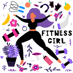Fitness girls vector set, hand drawn vector illustration. Water, scales, dumbbells, skip. Girl doing exercises, keep fit.
