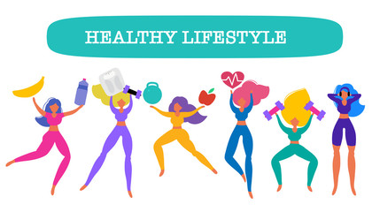 Healthy eating banner, girls in sport costumes with scales, fruit and vegetables. Concept of healthy eating, loosing weight and keep fit,  sport motivation.