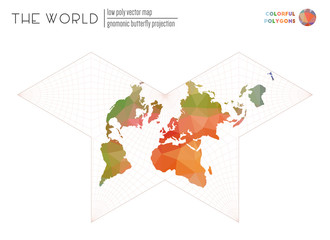 Abstract world map. Gnomonic butterfly projection of the world. Colorful colored polygons. Amazing vector illustration.