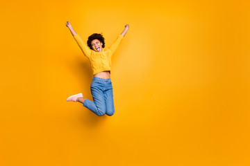 Fototapeta na wymiar Full length body size photo of trendy curly wavy pretty screaming girlfriend shouting wearing jeans denim pullover isolated over vivid color background
