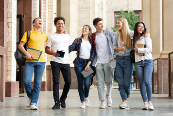 Fototapeta Multiracial students walking after classes in university campus obraz