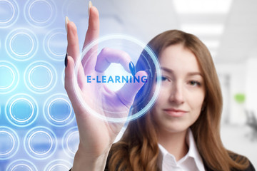 The concept of business, technology, the Internet and the network. A young entrepreneur working on a virtual screen of the future and sees the inscription: E-learning