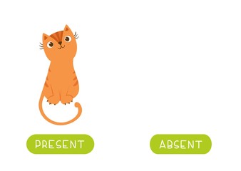 Educational word card with antonyms vector template. Childish cards for english language learning concept. Opposites, present and absent words. Cute ginger cat flat illustration with typography