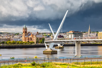The Peace Bridge and Guild Hall in Londonderry / Derry in Northern Ireland