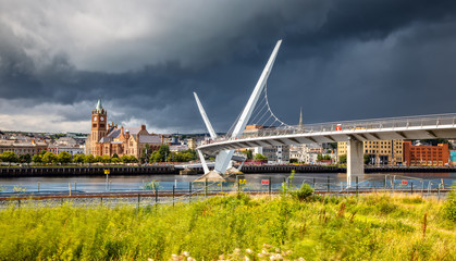 The Peace Bridge and Guild Hall in Londonderry / Derry in Northern Ireland