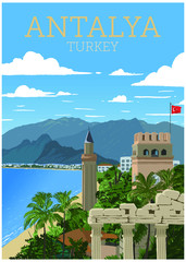 Fototapeta premium Słynny punkt orientacyjny Antalyi, minaret Yivli. Ilustracji wektorowych. Antalya, Turcja. - ilustracji wektorowych