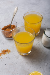 Homemade Isotonic Energy Drink and Ingredients. Glasses With Yellow Liquid, Homemade Sport Beverage