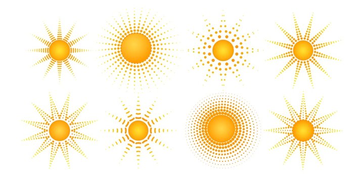Round radial halftone dot of the sun shape Sunny pattern of orange dots spots rays on a white background Set Logo design element halftone textures frame Abstract orange dot spot of the sun rays Vector