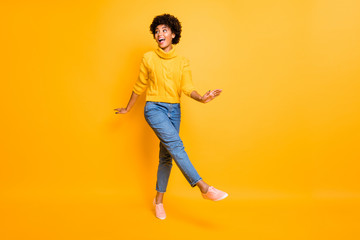 Fototapeta na wymiar Full length body size photo of curly charming cute cheerful nice girlfriend wearing jeans denim jumper footwear going somewhere isolated bright color background