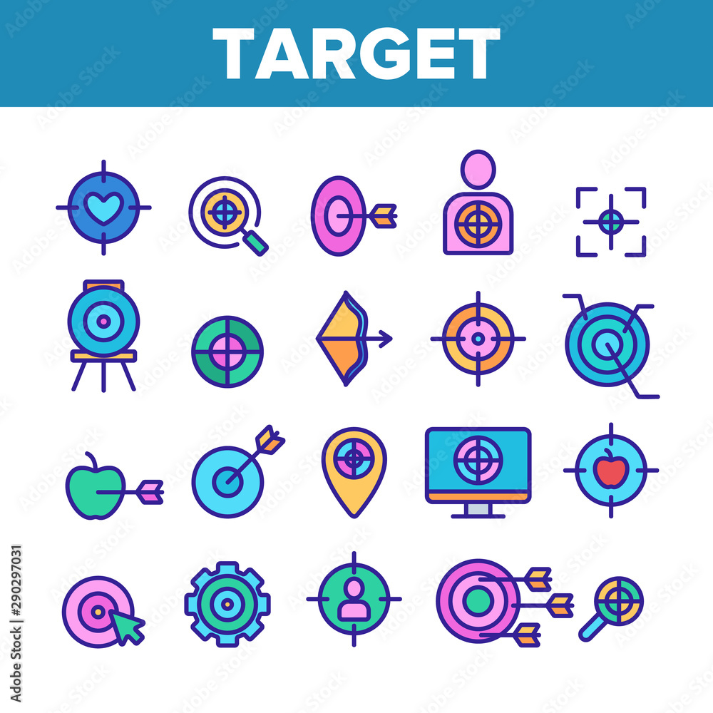 Poster target aim collection elements vector icons set thin line. different game military shape target, dar
