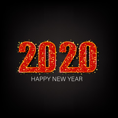 Happy New Year 2020, gold shiny glitter glowing numbers design of greeting card, falling shiny confetti, Vector illustration.
