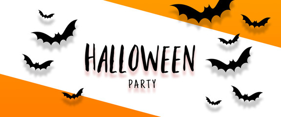Happy halloween banner with bats flying over orange background. Autumn holiday composition.