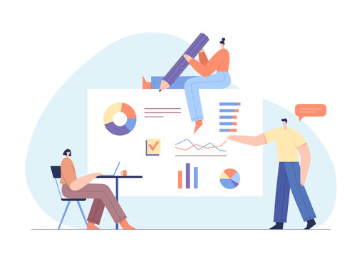People interacting with charts and analysing statistics. Customer tracking software, data visualisation. Online survey concept with modern characters and web interface. Flat vector illustration.