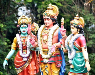 Colorful god and goddess statues at a Hindu temple