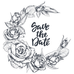Vector template for Save the Day card with hand drawn rose flowers