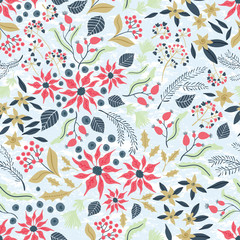 Seamless pattern of elegant Christmas flower, blossom in winter. Beautiful background for winter holiday. Vector Illustration.