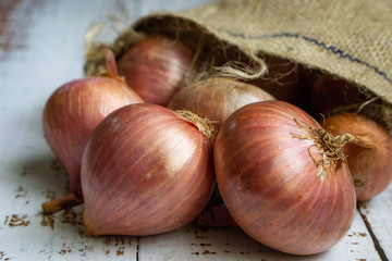 Fresh raw bombay onions or red onions on wooden background.