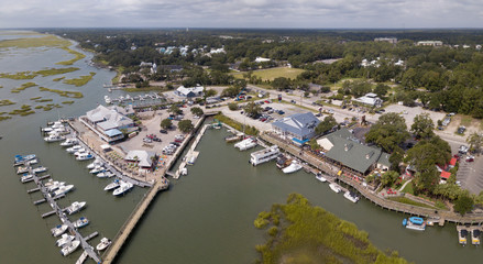 Aerial view of the waterfront with restaurants and marina in Murrells Inlet, South Carolina.