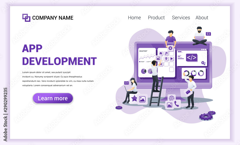Poster modern flat design concept of app development with characters on screen building app and software. c